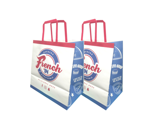 Printed Brown Kraft Paper Lunch Bags Packaging With Flat Paper Handle Supplier