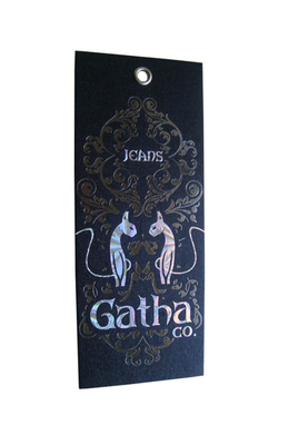 Personalized Custom Costume Black Paper Swing Tags Debossed Holographic Logo