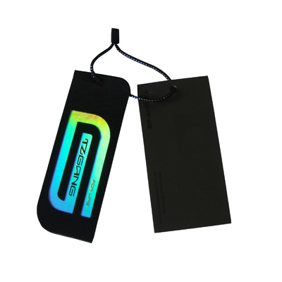 Personalized Custom Costume Black Paper Swing Tags Debossed Holographic Logo