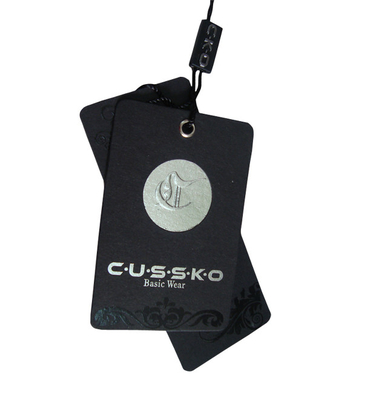 Printed Paper Hang Tags For Clothing Line Plastic Seal Tag UV Coating Silver Foil Logo