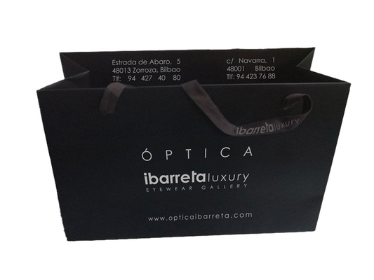 Custom Printed Black Paper Euro Tote Bags With Satin Ribbon Rope Gold Foil Logo