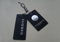 Printed Paper Hang Tags For Clothing Line Plastic Seal Tag UV Coating Silver Foil Logo