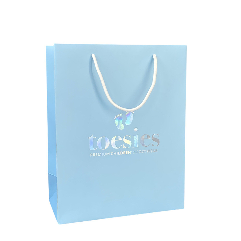 Printed Luxury Blue Paper Carrier Bags Garment Packaging With Hologram Logo