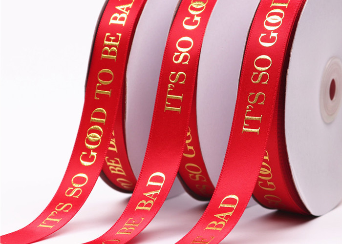 Polyester Custom Printed Satin Ribbon Environmentally Friendly With Gold Foil Logo