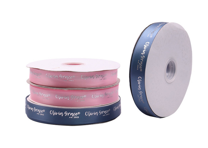 Silver Hot Stamping Printed Satin Ribbon 1000 Yards With Custom Logo Printing